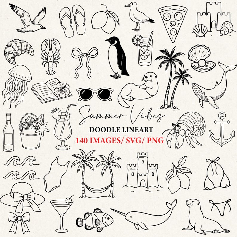 Pu&ograve; includere: Arte doodle in bianco e nero con illustrazioni a tema estivo. Include immagini di un gabbiano, occhiali da sole, un pinguino, un cocktail, una fetta di pizza, un castello di sabbia e altro ancora. &Egrave; presente anche il testo "Summer Vibes" e "Doodle Lineart".