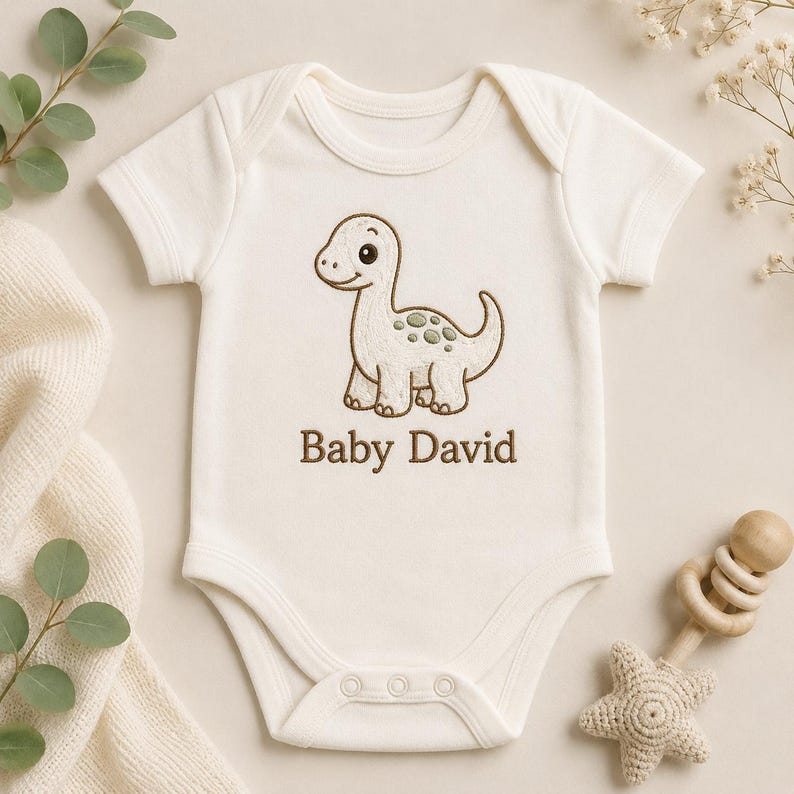 May include: Cream-colored baby onesie with a brown embroidered dinosaur design and the text "Baby David". The dinosaur has green spots. The onesie is short-sleeved and has a snap closure.