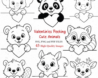 Puede incluir: Ilustraciones en blanco y negro de animales adorables, como un elefante, un panda y una jirafa, cada uno sosteniendo un corazón. El texto dice "Valentine's Peeking Cute Animals".