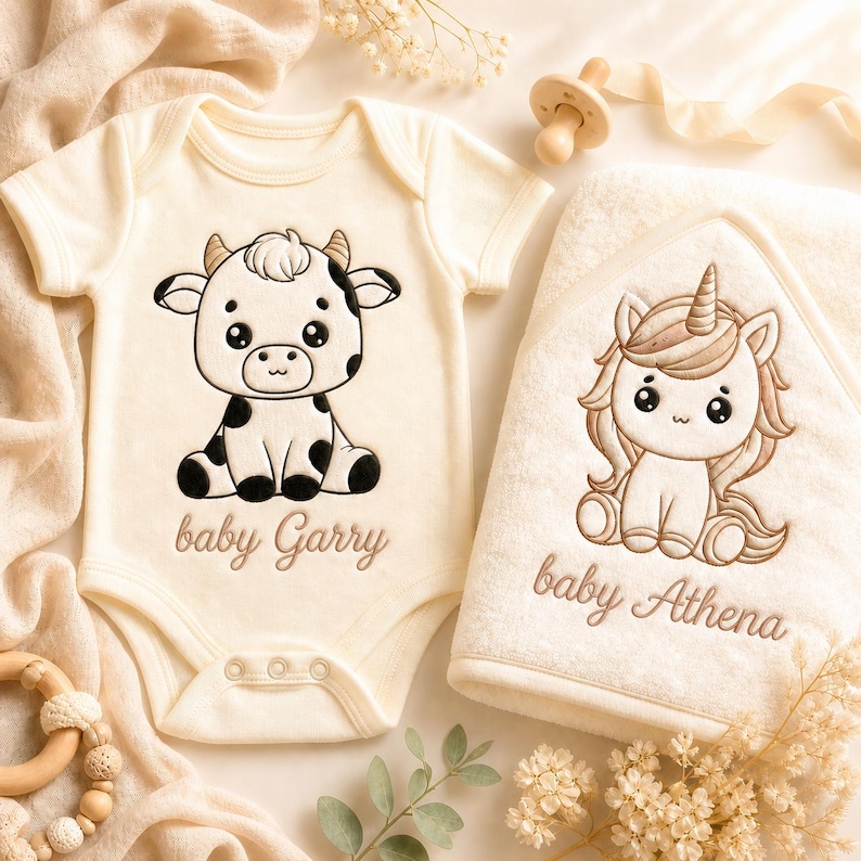 K&ouml;nnte beinhalten: Cremefarbener Baby-Strampler mit einer schwarz-wei&szlig;en Kuh-Grafik und dem Text "baby Garry". Ein passendes Kapuzenhandtuch zeigt ein Einhorn-Design und den Text "baby Athena". Ein Schnuller aus Holz und ein Bei&szlig;ring aus Holz sind ebenfalls im Bild.