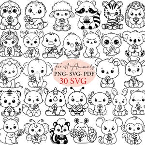 Cute forest animals with flowers,  SVG bundle, safari SVG, svg cricut, safari, woodland animals png, kawaii animals clipart, animals outline