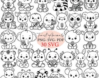 Cute forest animals with flowers, SVG bundles, safari SVG, svg cricut, safari, woodland animals png, kawaii animals clipart, animals outline