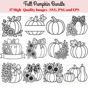 Może przedstawiać: Kolekcja czarno-białych ilustracji dyni z słonecznikami, kokardami i liśćmi. Tekst "Fall Pumpkin Bundle" i "17 High-Quality Images /SVG, PNG and EPS" znajduje się na górze obrazu.