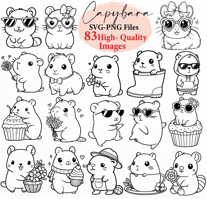 Puede incluir: Un conjunto de 83 ilustraciones en blanco y negro de capibaras en varias poses. Los capibaras llevan gafas de sol, sombreros y otros accesorios. Las ilustraciones son perfectas para usar en manualidades digitales o f&iacute;sicas, como scrapbooking, creaci&oacute;n de tarjetas e invitaciones.