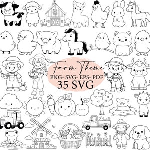 Boerderijdieren, schattige boerderijdieren svg, dieren png, kawaii dieren, schattige boerderijdieren, dieren omtrek, boerderij clipart, svg cricut, svg bundel