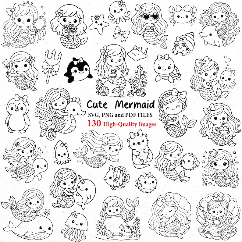 130 söt sjöjungfru svg, sjöjungfru png, sjöjungfru clipart, havsdjur svg, söt fisk, undervattens clipart, svg cricut, svg-paket, sjöjungfrur bild 1