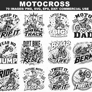 Peut inclure: Une collection de douze motifs graphiques en noir et blanc sur le thème du motocross, présentant des motos tout-terrain, des pilotes et des textes tels que Grip It and Rip It, King of the Track, Little Rider Big Dreams, Moto Dad et autres.