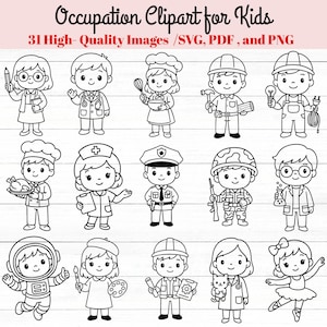 Puede incluir: Ilustraciones en blanco y negro de líneas de dibujo de niños en diversas profesiones, incluyendo un médico, un chef, un trabajador de la construcción, un electricista, una enfermera, un policía, un soldado, un científico, un astronauta, un artista, un ingeniero y un veterinario.