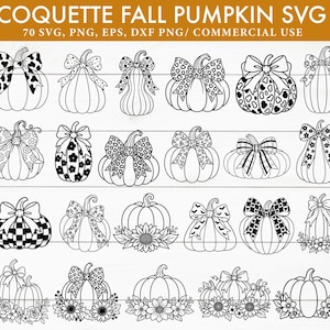 Op de afbeelding: Een digitale collectie van zwart-wit lijntekeningen met pompoenen versierd met diverse strikken, bloemmotieven en patronen. De tekst bovenaan luidt COQUETTE FALL PUMPKIN SVG 70 SVG, PNG, EPS, DXF PNG/ COMMERCIAL USE.