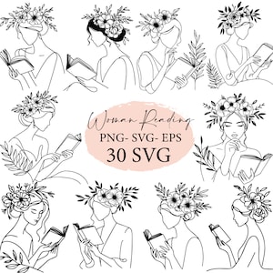 Donna elegante, donna che legge un libro, lineart continuo, bundle SVG, svg cricut, scarabocchio, stile disegnato a mano, donna PNG, tatuaggio lineart, contorno