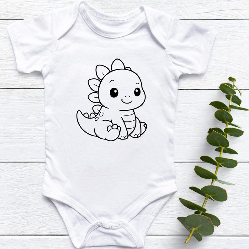 May include: White baby onesie featuring a black and white cartoon dinosaur illustration. The dinosaur is sitting with a smiling face and spiky back. The onesie is made of soft material and has short sleeves.