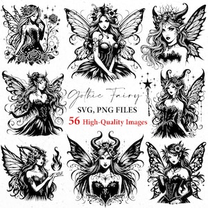 Könnte beinhalten: Eine Sammlung von neun schwarz-weißen Illustrationen gotischer Feen mit detaillierten Flügeln, Kleidern und floralen oder gehörnten Kopfbedeckungen. Der Text "Gothic Fairy SVG, PNG FILES" und "56 High-Quality Images" ist ebenfalls vorhanden.