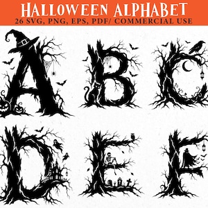 May include: A digital graphic set titled HALLOWEEN ALPHABET 26 SVG, PNG, EPS, PDF/ COMMERCIAL USE. It features black silhouettes of letters A through F formed by gnarled tree branches, decorated with pumpkins, bats, cats, spiders, ghosts, and skeletons.