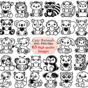 Söta skogsdjur, alla hjärtans dag, SVG-paket, safari SVG, svg Cricut, söta djur som håller hjärta, skogsdjur png, djurkontur