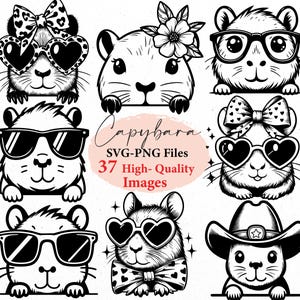 Könnte beinhalten: Ein Set mit 37 Schwarzweißillustrationen von Capybaras in verschiedenen Posen, darunter mit Sonnenbrille, Cowboyhut und Schleife. Der Text "Capybara SVG-PNG Files 37 High-Quality Images" wird in der Mitte des Bildes angezeigt.