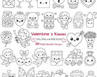 Puede incluir: Una colección de ilustraciones kawaii en blanco y negro con temática de San Valentín. La imagen incluye corazones, cupidos, regalos, dulces y otros personajes lindos. El texto dice "Valentine's Kawaii" y "80 High-Quality Images".