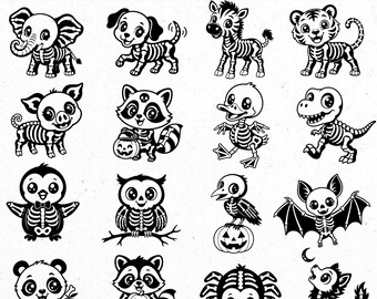 Cute skeleton animals svg, spooky animals png, halloween clipart,  cute kawaii svg, svg files, svg cricut, spooky halloween, skeleton svg
