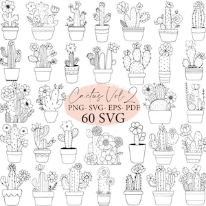 Cactus, cactus, plantes succulentes, plantes png, cactus png, bundle svg, fichiers svg, svg cricut, griffonnage, contour de cactus, usage commercial svg