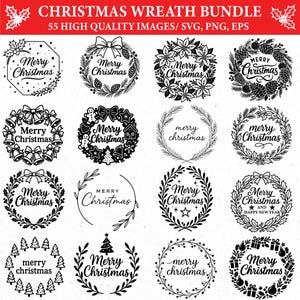 May include: A collection of black and white Christmas wreath designs. Each wreath features the text "Merry Christmas" and various festive elements like bows, pinecones, and stars. The image also includes the text "CHRISTMAS WREATH BUNDLE" and "55 HIGH QUALITY IMAGES/ SVG, PNG, EPS".