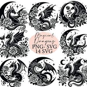 Drache, Drachen svg, magischer Drachen svg, Drache mit Blumen, mythischer Drache, svg bund, svg-Dateien, svg cricut, Silhouette svg