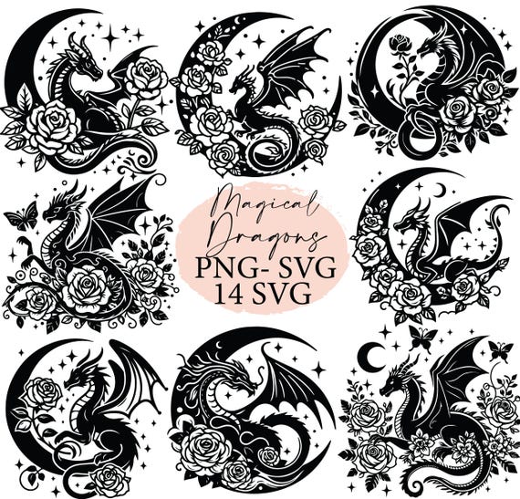 Dragon, dragon svg, Magical dragon svg, dragon with flowers, mythical dragon, svg bundle, svg files, svg cricut, Silhouette  svg