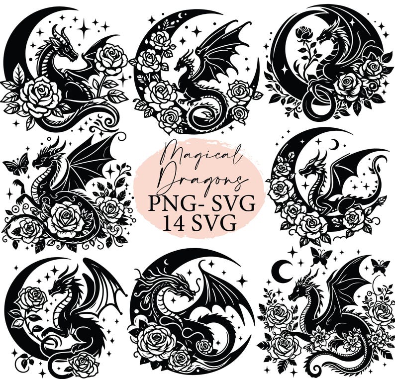 Puede incluir: Un conjunto de 14 archivos SVG en blanco y negro con dragones m&aacute;gicos con lunas crecientes y dise&ntilde;os florales. El texto "Magical Dragons PNG-SVG 14 SVG" est&aacute; incluido en la imagen.