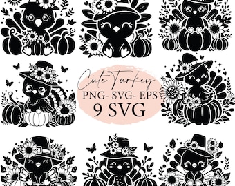 Könnte beinhalten: Neun schwarze und weiße SVG-Schnittdateien von niedlichen Truthähnen, die Pilgerhüte tragen und Kürbisse halten. Die Truthähne sind von Blumen und Blättern umgeben. Der Text "Cute Turkey PNG-SVG-EPS 9 SVG" ist in Pink.