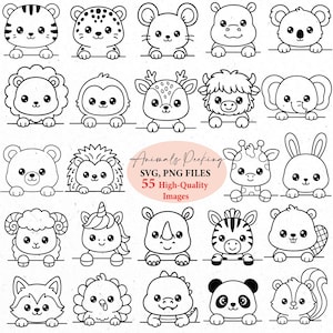 May include: A collection of black and white cartoon animal illustrations, such as a tiger, leopard, mouse, hippo, koala, lion, monkey, deer, yak, elephant, bear, hedgehog, giraffe, rabbit, ram, unicorn, rhino, zebra, beaver, wolf, lion, dinosaur, panda, and squirrel. The image includes the text "Animals Peeking SVG, PNG FILES 55 High-Quality Images."