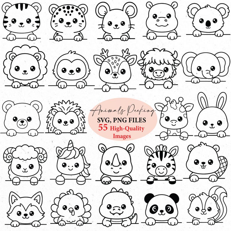 May include: Black and white cartoon animal illustrations, including a tiger, leopard, mouse, hippo, koala, lion, monkey, deer, yak, elephant, bear, hedgehog, giraffe, rabbit, ram, unicorn, rhino, zebra, beaver, wolf, lion, dinosaur, panda, and squirrel. The image also includes the text "Animals Peeking SVG, PNG FILES 55 High-Quality Images."