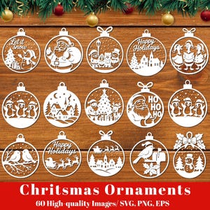 Könnte beinhalten: Eine Sammlung weißer Weihnachtskugeln mit verschiedenen festlichen Designs, darunter der Weihnachtsmann, Schneemänner, Pinguine und Weihnachtsgrüße. Die Ornamente sind auf einer Holzoberfläche angeordnet, mit Weihnachtsgrün und goldenen Dekorationen im Hintergrund. Der Text "Christmas Ornaments" steht unten.