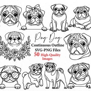 Svg carlin, dessin au trait continu carlin, chien svg, contour de chien png, lot svg, fichiers svg, cricut svg, amoureux des chiens, cadeau chien, png chien, lot png chiens