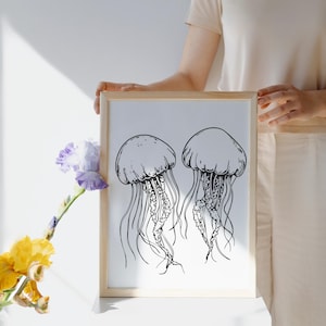 K&ouml;nnte beinhalten: Ein gerahmter Kunstdruck mit zwei Quallen-Illustrationen in Schwarz und Wei&szlig;. Die Quallen haben abgerundete Glocken und lange, flie&szlig;ende Tentakel. Der Rahmen ist aus hellem Holz.