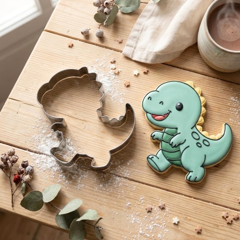 May include: A dinosaur-shaped cookie cutter next to a decorated dinosaur cookie. The cookie is light blue with a yellow spine, a red mouth, and black eyes. The cookie cutter is made of silver metal and is on a wooden surface.