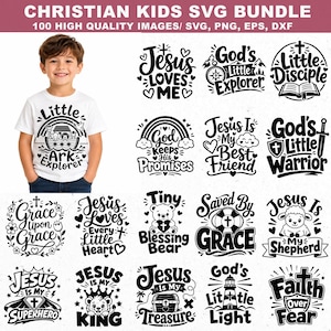 May include: A digital collection of 100 Christian-themed graphic designs for kids, featuring black text and illustrations on a white background. Phrases include Jesus Loves Me, Little Ark Explorer, God's Little Warrior, and Faith Over Fear.