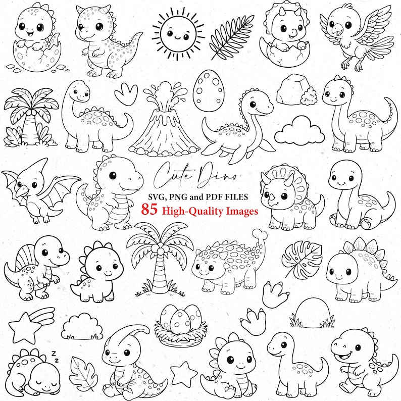May include: Black and white line art illustrations of various dinosaurs, eggs, plants, and a sun. The text "Cute Dino" is displayed, along with "SVG, PNG and PDF FILES" and "85 High-Quality Images".