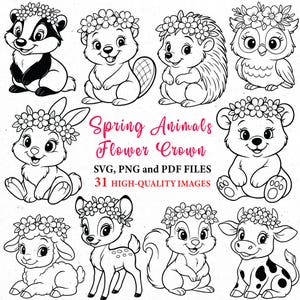 Puede incluir: Ilustraciones en blanco y negro de varios animales, incluyendo un tejón, un castor, un erizo y un búho, cada uno con una corona de flores. El texto dice "Spring Animals Flower Crown" e incluye detalles sobre los tipos de archivo y el número de imágenes.
