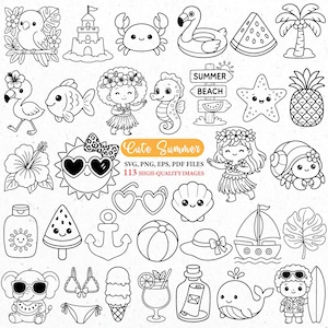 SVG de verano lindo, imágenes prediseñadas PNG de verano, imágenes prediseñadas de verano, SVG kawaii lindo, SVG de garabatos, playa, océano, peces, SVG para Cricut, costero, paquetes de SVG