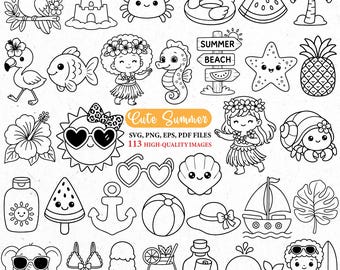Immagini SVG estive carine, clipart PNG estive, clipart estive, immagini SVG kawaii carine, scarabocchi SVG, spiaggia, oceano, pesce, SVG per Cricut, costa, pacchetti SVG