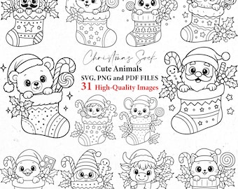 May include: A collection of black and white illustrations featuring adorable animals such as a nutcracker, squirrel, deer, owl, bear, elf, mouse, duck, snowman, bull, and cat, all emerging from Christmas stockings. The image also includes the text "Christmas Sock" and "Cute Animals".