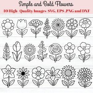 Pacote com 40 flores SVG, arquivos de corte SVG florais, flores com contornos simples e em negrito para Cricut e Silhouette, pacote SVG de arte de linha de clipart de flores, png