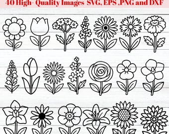 40 Flower SVG Bundle, Floral SVG Cut Files, Simple Bold Outline Flowers for Cricut and Silhouette, Flower Clipart Line Art SVG Pack, png
