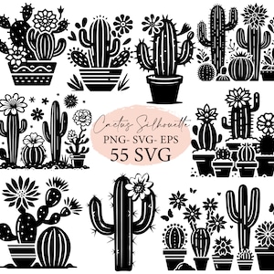 Cactus con flores, silueta de cactus, paquete de archivos de corte SVG, SVG de flores, svg cricut, cactus png, silueta, cactus PNG, planta svg