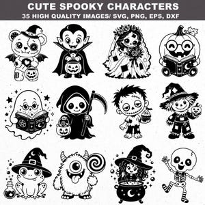 May include: A collection of black and white illustrations titled CUTE SPOOKY CHARACTERS 35 HIGH QUALITY IMAGES/ SVG, PNG, EPS, DXF. The set features various characters including a vampire, a ghost reading a spellbook, a skeleton, and a monster.