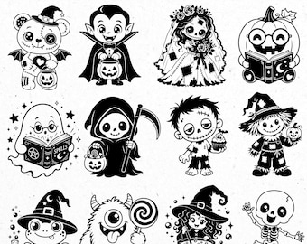 Cute Spooky Characters svg, Halloween svg, Halloween png clipart, ghost svg, witch svg, kawaii halloween png, cute skeleton svg, svg bundles