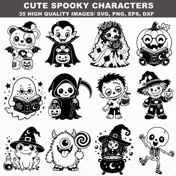 Cute Spooky Characters svg, Halloween svg, Halloween png clipart, ghost svg, witch svg, kawaii halloween png, cute skeleton svg, svg bundles