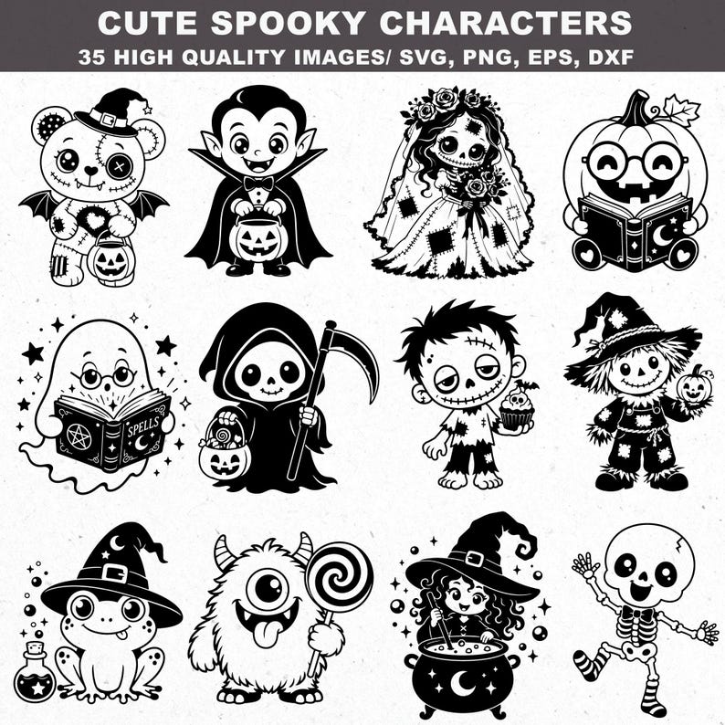 May include: A collection of black and white illustrations titled CUTE SPOOKY CHARACTERS 35 HIGH QUALITY IMAGES/ SVG, PNG, EPS, DXF. The set features various characters including a vampire, a ghost reading a spellbook, a skeleton, and a monster.