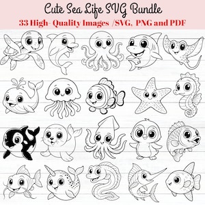 Może przedstawiać: Czarno-biała ilustracja przedstawiająca kreskówkowe stworzenia morskie, w tym żółwia, delfina, ośmiornicę, rekina, płaszczkę, wieloryba, meduzę, błazenka, rozgwiazdę, konika morskiego, orkę, fokę, kałamarnicę, pingwina i ryby. Tekst: "Cute Sea Life SVG Bundle".