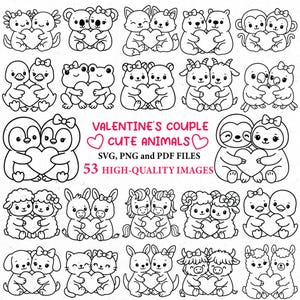 Animal de San Valentín SVG, animales lindos PNG, corazón SVG, lindo clipart de San Valentín, animales kawaii SVG, pareja PNG, SVG Cricut, amantes, safari SVG imagen 2
