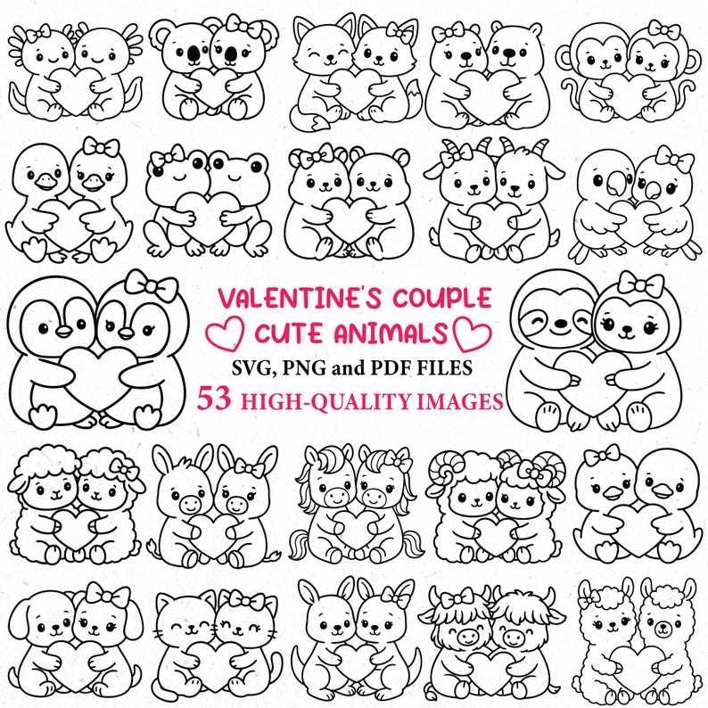 Animal de San Valentín SVG, animales lindos PNG, corazón SVG, lindo clipart de San Valentín, animales kawaii SVG, pareja PNG, SVG Cricut, amantes, safari SVG imagen 2