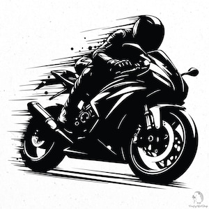 May include: A monochrome illustration of a racing motorcycle in motion. The rider, clad in a helmet and racing gear, is leaning into a turn. Speed lines accentuate the bike's velocity. A graphic design.